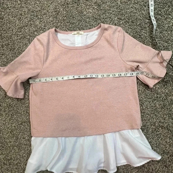 JUNE & DELANCEY SWEATER OXFORD BLOUSE PINK & WHITE CAP RUFFLE  SLEEVE SIZE SMALL - Picture 6 of 9
